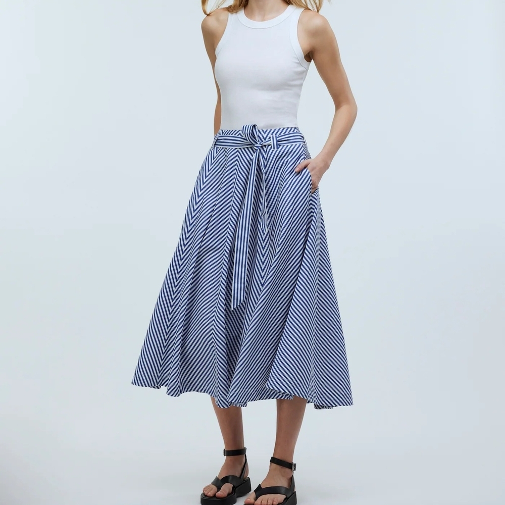 Madewell Blue and White A-Line Midi Poplin Flared Midi Skirt in Stripe 4